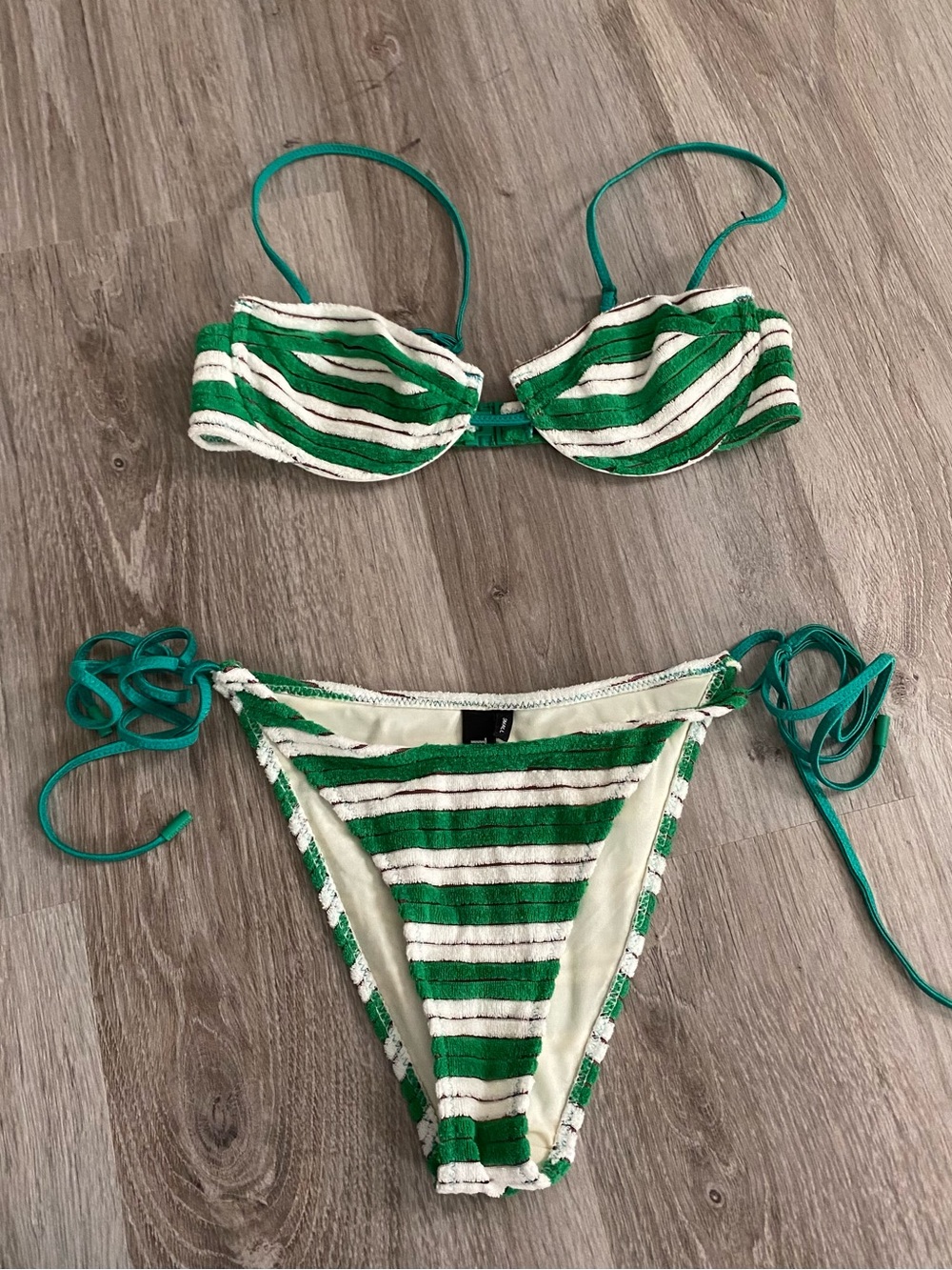 Cotton Triangle Green & White Stripe Tie-Side Bikini